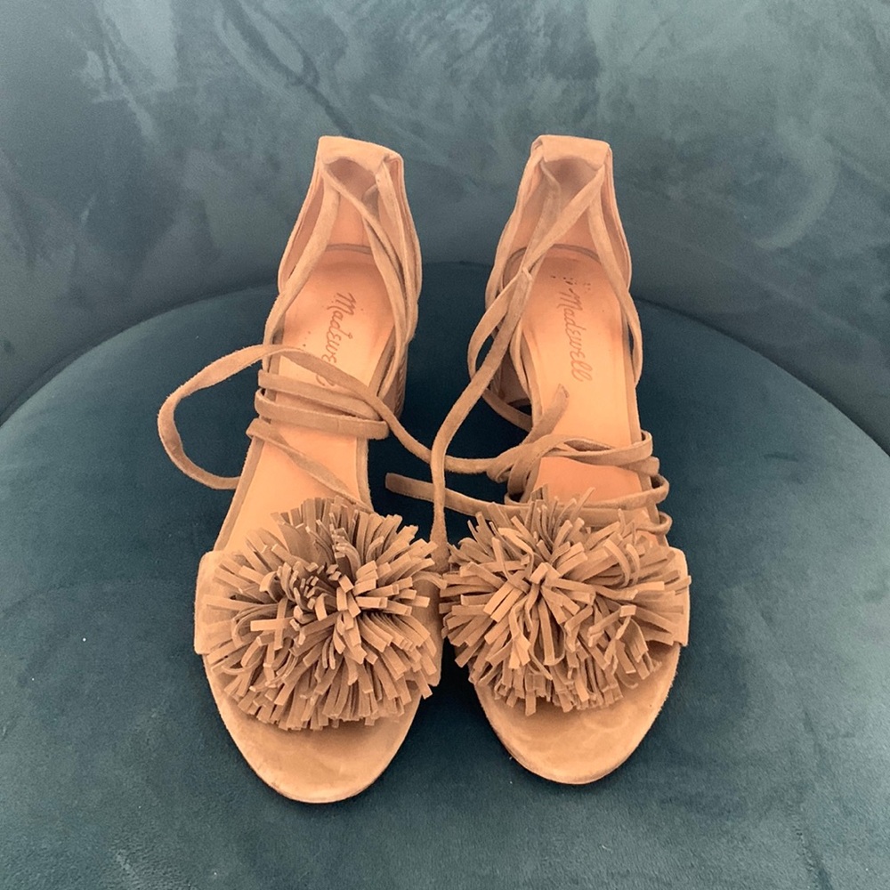 Madewell suede ankle wrap heels stacked wood block heel and pompon detail
